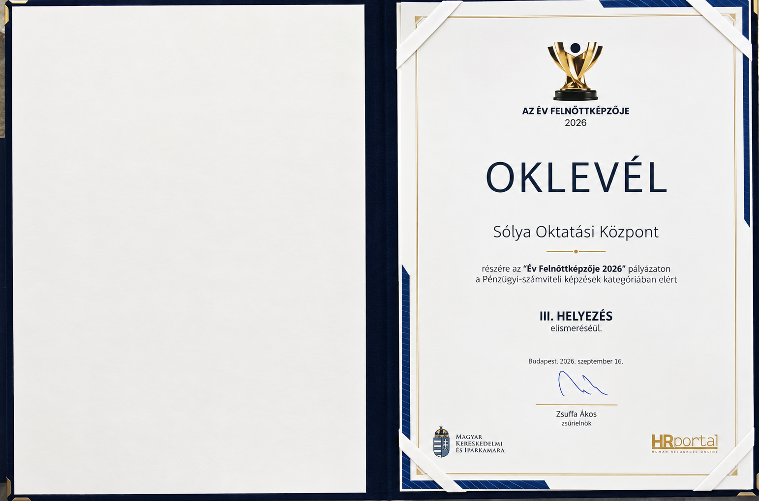 Az Év Felnőttképzője 2026 oklevél